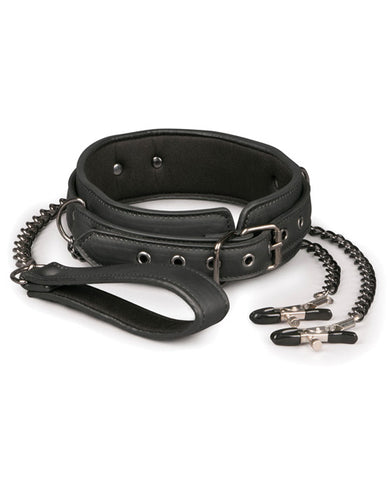 Easy Toys Faux Leather Collar with Nipple Chains