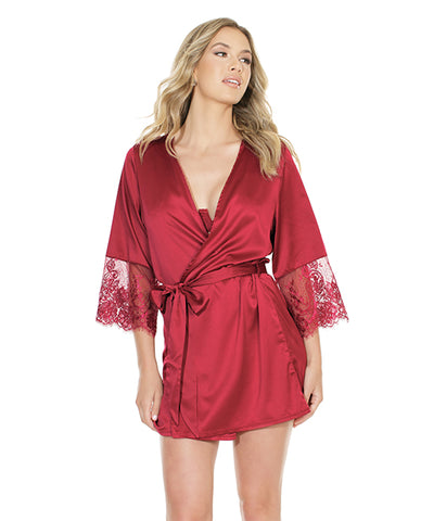 Stretch Satin Robe W/eyelash Lace Sleeve Merlot O/s