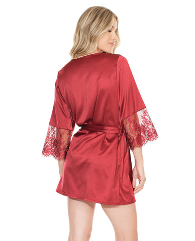 Stretch Satin Robe W/eyelash Lace Sleeve Merlot O/s