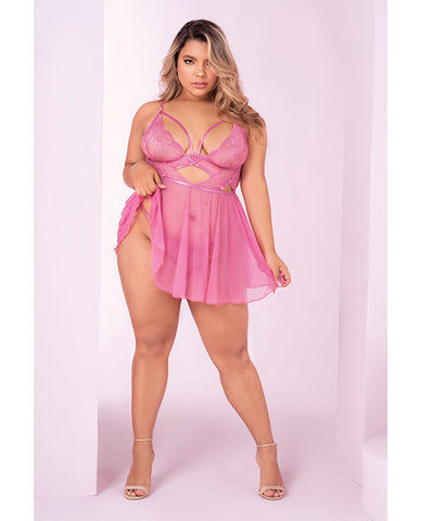 Floral Lace Peek A Boo Babydoll & G-string Sunset Pink