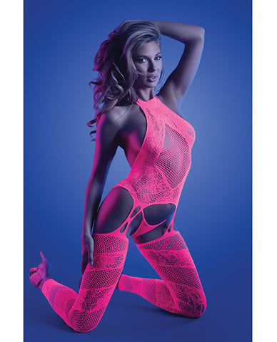 Glow Captivating Halter Bodystocking & G-string Neon Pink