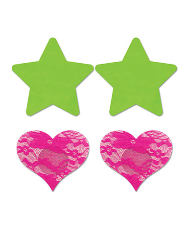 Fantasy Uv Reactive Neon Star & Lace Heart Pasties - Green & Pink O/s Pack Of 2