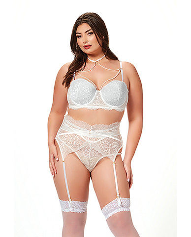 Lace & Pearl Bra, Garter Belt & Thong White