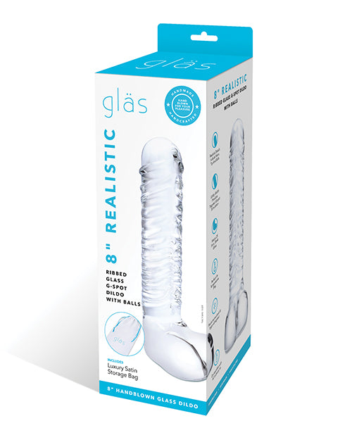 Glas 8" Realistic Ribbed Glass G-spot Dildo W/balls