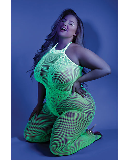 Glow Black Light Crotchless Bodystocking Neon Green Qn