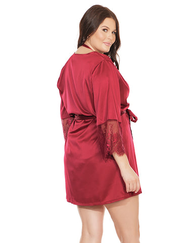 Stretch Satin Robe W/eyelash Lace Sleeve Merlot O/s