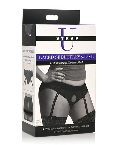 Strap U Laced Seductress Lace Crotchless Panty Harness W/garter Straps
