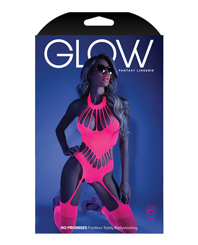 Glow Black Light Footless Teddy Bodystocking Neon Pink O/s
