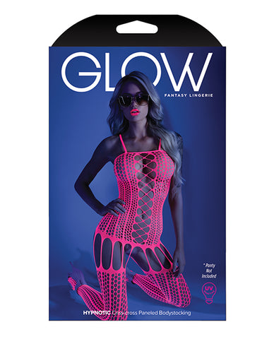 Glow Black Light Criss Cross Paneled Bodystocking Neon Pink O/s