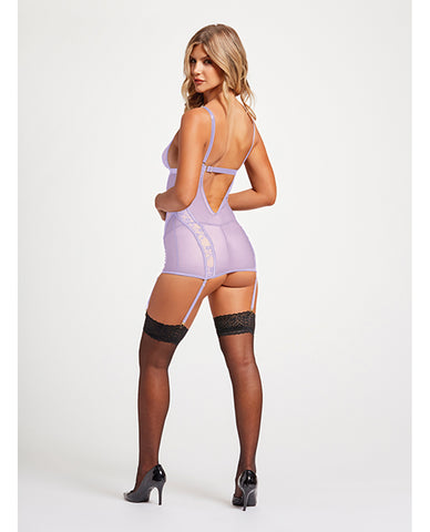 Lace & Mesh Triangle Cup Chemise W/garters & Thong