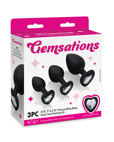 Gemsations 3 pc 2.75" & 3.15" & 3.7" Silicone Bling Bling Heart Butt Plug Training Set