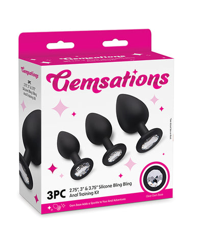 Gemsations 3 pc 2.75" & 3.15" & 3.7" Silicone Bling Bling Butt Plug Training Set