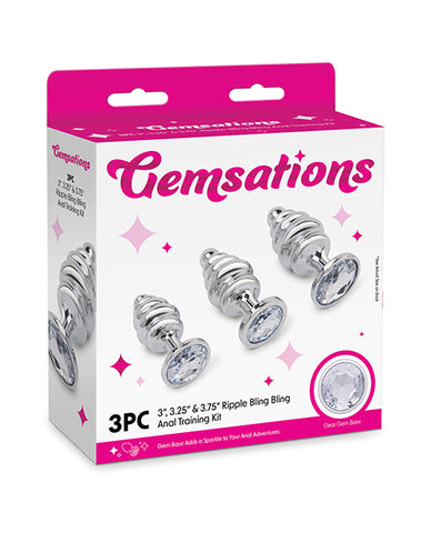 Gemsations 3 pc 2.95" & 3.25" & 3.7" Ripple Bling Bling Metal Butt Plug Training Set