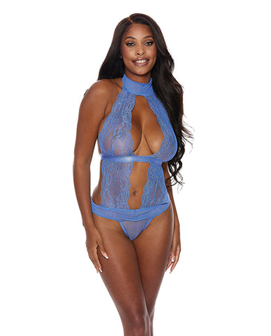 Lace & Mesh Halter Neck Teddy Periwinkle