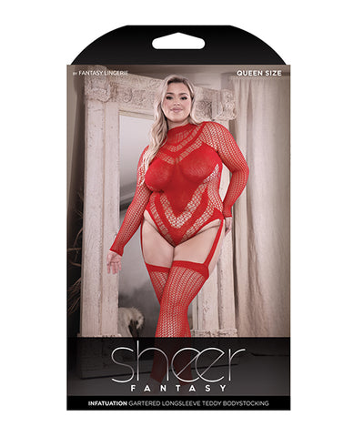 Sheer Infatuation Long Sleeve Teddy W/attached Footless Stockings Red Qn