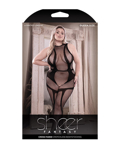 Sheer Cross Faded High Neck Crotchless Bodystocking Black Qn