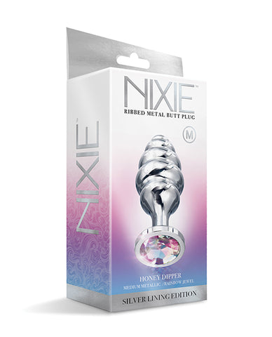Nixie Honey Dipper Ribbed Metal Rainbow Jeweled Butt Plug