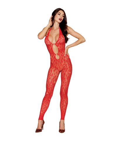 Leopard Pattern Seamless Bodystocking w/Gold Details - Red O/S