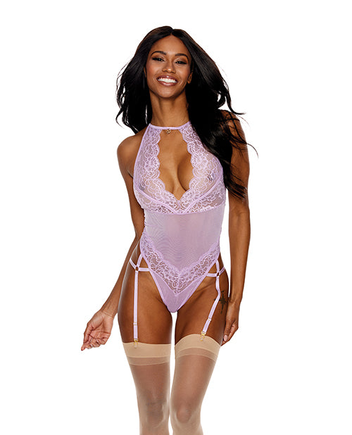 Lace & Mesh Gartered Teddy Lilac