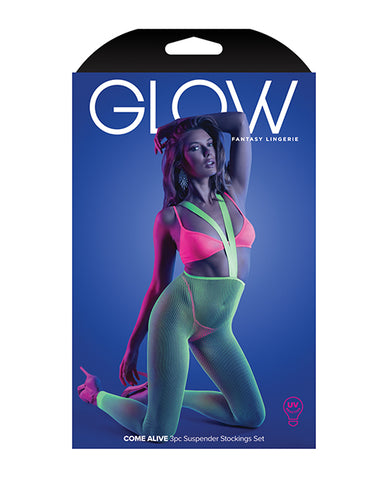 Glow Come Alive Suspender Stockings, Bralette & G-string Multi Color