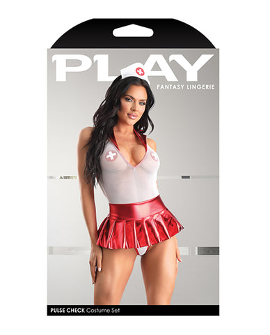 Play Pulse Check Collared Teddy W/open Back, Pleated Skirt, Medic Hat & Pasties Red/white