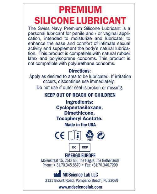 Product label for Swiss Navy Premium Silicone Lubricant with text and logos.