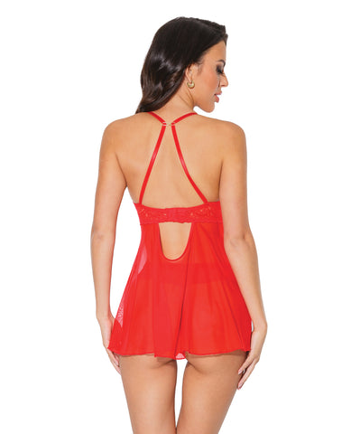 Holiday Scallop Stretch Lace & Mesh Babydoll & Thong Red/gold