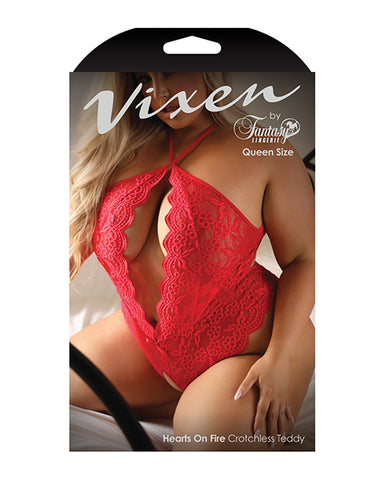Vixen Hearts On Fire Crotchless Teddy W/open Pearl Draped Back Red