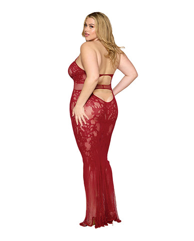 Lace and Mesh Seamless Halter Bodystocking Gown w/Rhinestone Details - Ox Blood QN