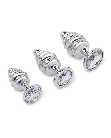 Gemsations 3 pc 2.95" & 3.25" & 3.7" Ripple Bling Bling Metal Butt Plug Training Set