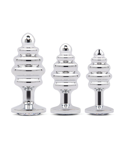 Gemsations 3 pc 2.95" & 3.25" & 3.7" Ripple Bling Bling Metal Butt Plug Training Set