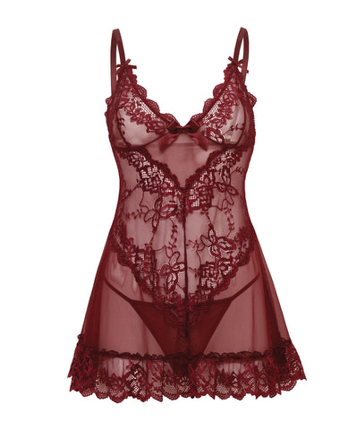 Valentine Lacey Babydoll w/G-String - Zinfandel