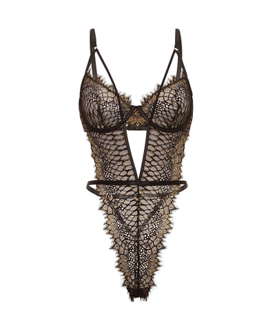 Greta Snake Eyelash Lace Teddy - Black/Gold