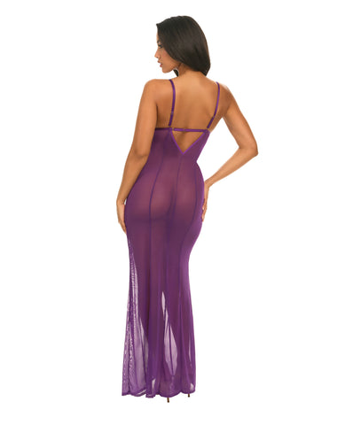 Katana Mesh & Eyelash Lace Gown - Purple