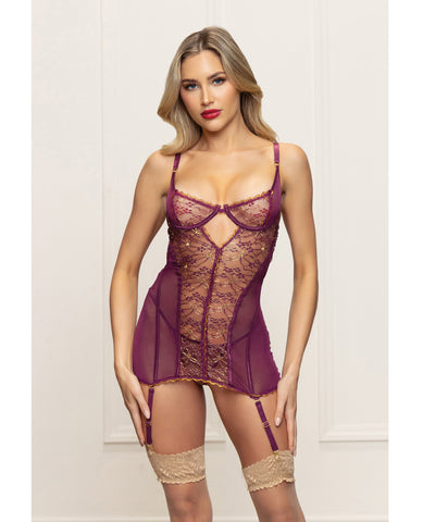 Metallic Lace with Mesh Gartered Chemise & Thong