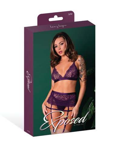 Leather & Lace Stretch Mesh and Lace Bralette w/Garter & Thong 3 pc Set - Plum