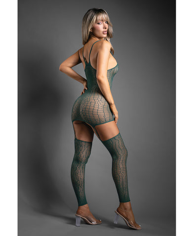 Sheer Wild Heart Reptile Print Bodystocking Dress w/Attached Stockings - Green O/S