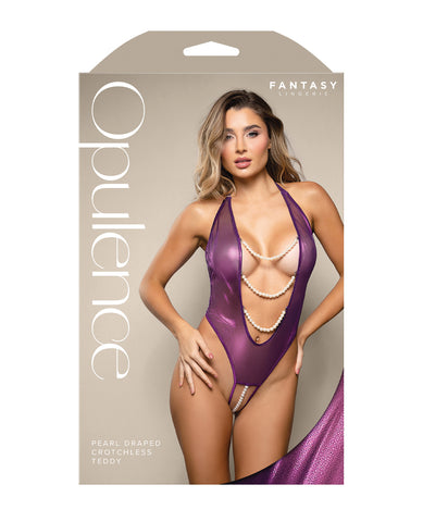 Opulence Shimmer Mesh Halter Teddy w/Pearl Details - Purple