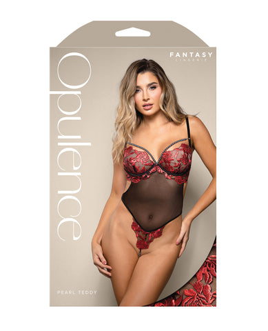 Opulence Embroidered Underwire Open Crotch Teddy w/Pearl Detail - Red