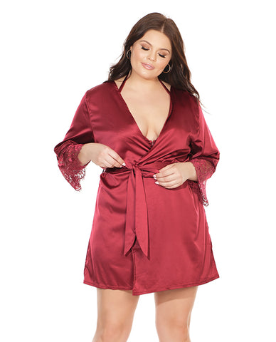 Stretch Satin Robe W/eyelash Lace Sleeve Merlot O/s