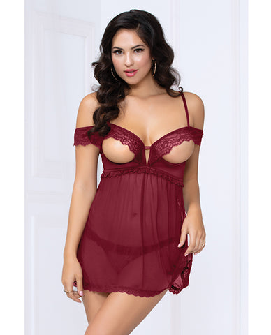 Lace and Mesh Open Cups Babydoll With fly Away Back and Panty Wine