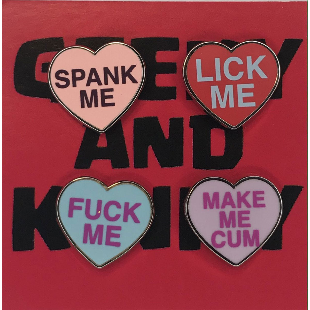 Geeky and Kinky Heart Pin 4 pk (Spank me - lick me - fuck me - make me cum)