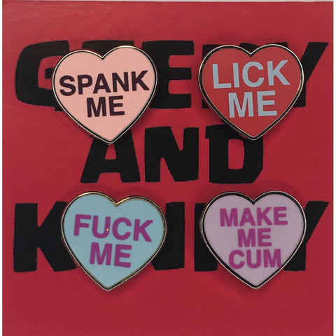 Geeky and Kinky Heart Pin 4 pk (Spank me - lick me - fuck me - make me cum)