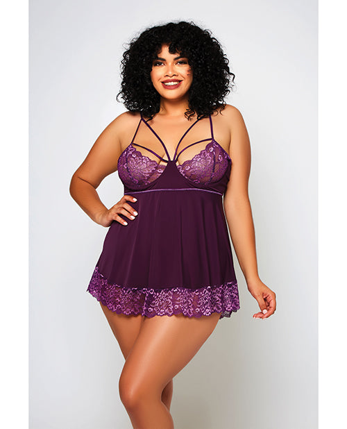 Cross Dye Lace & Microfiber Babydoll & G-string Purple 2x