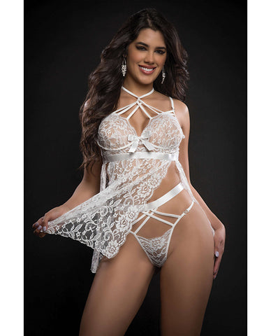 Lace Halter Babydoll W/high Waist Strappy Panty O/s