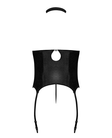 Lust Mistress Cupless Corset W/velcro Choker Collar, Metal Garters & G-string Black