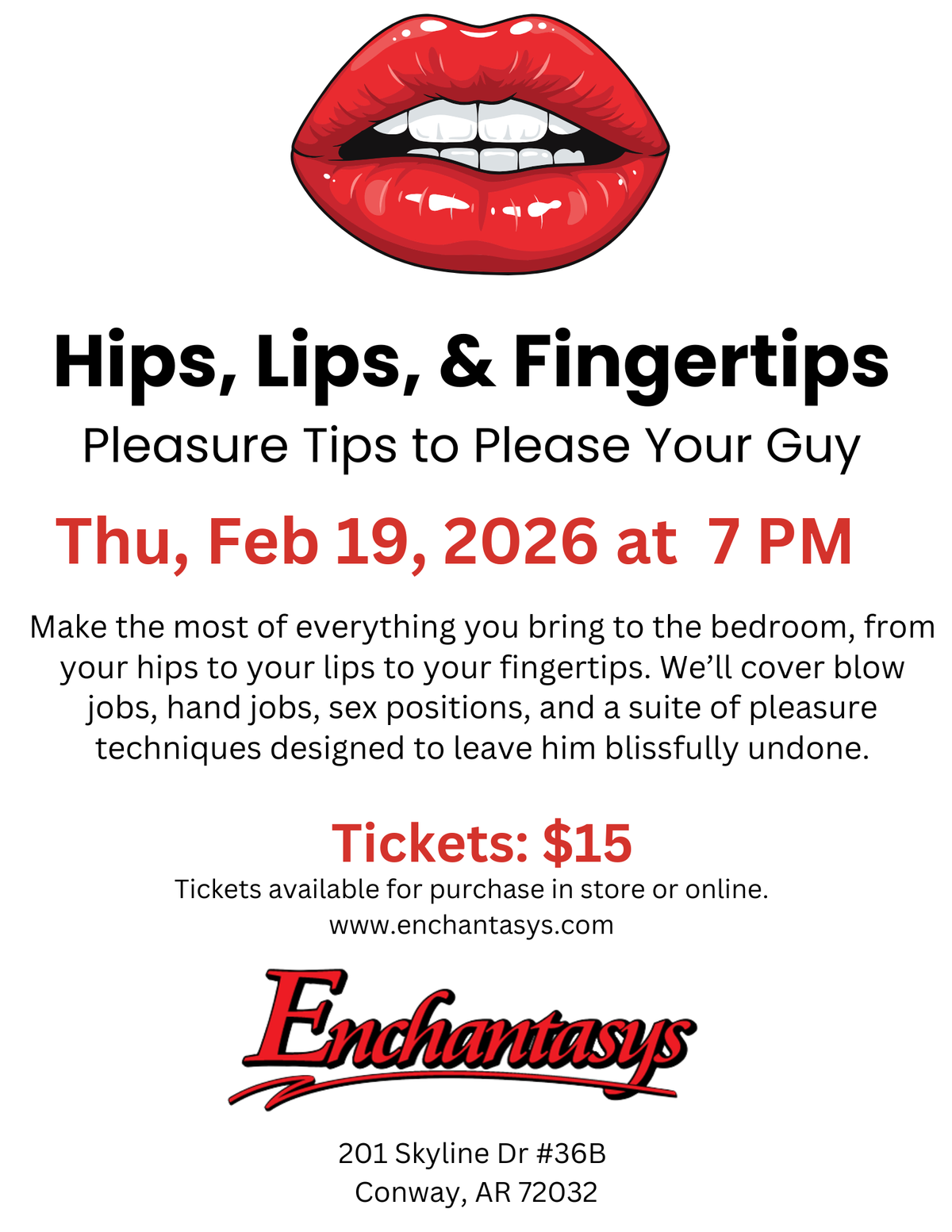Tickets: Hips, Lips, & Fingertips - Pleasure Tips to Please Your Guy (Conway, AR)