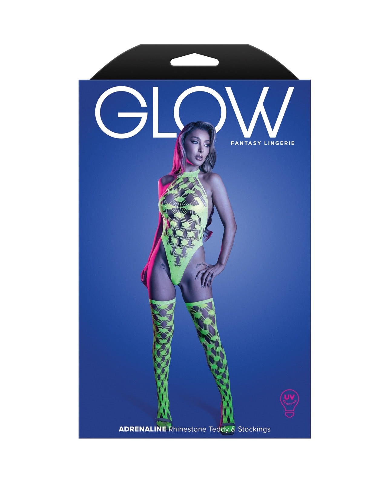 Glow Fantasy Lingerie Adrenaline Rhinestone Teddy & Stockings packaging, featuring a model in a green and black checkered bodysuit and matching thigh-high stockings on a blue background.