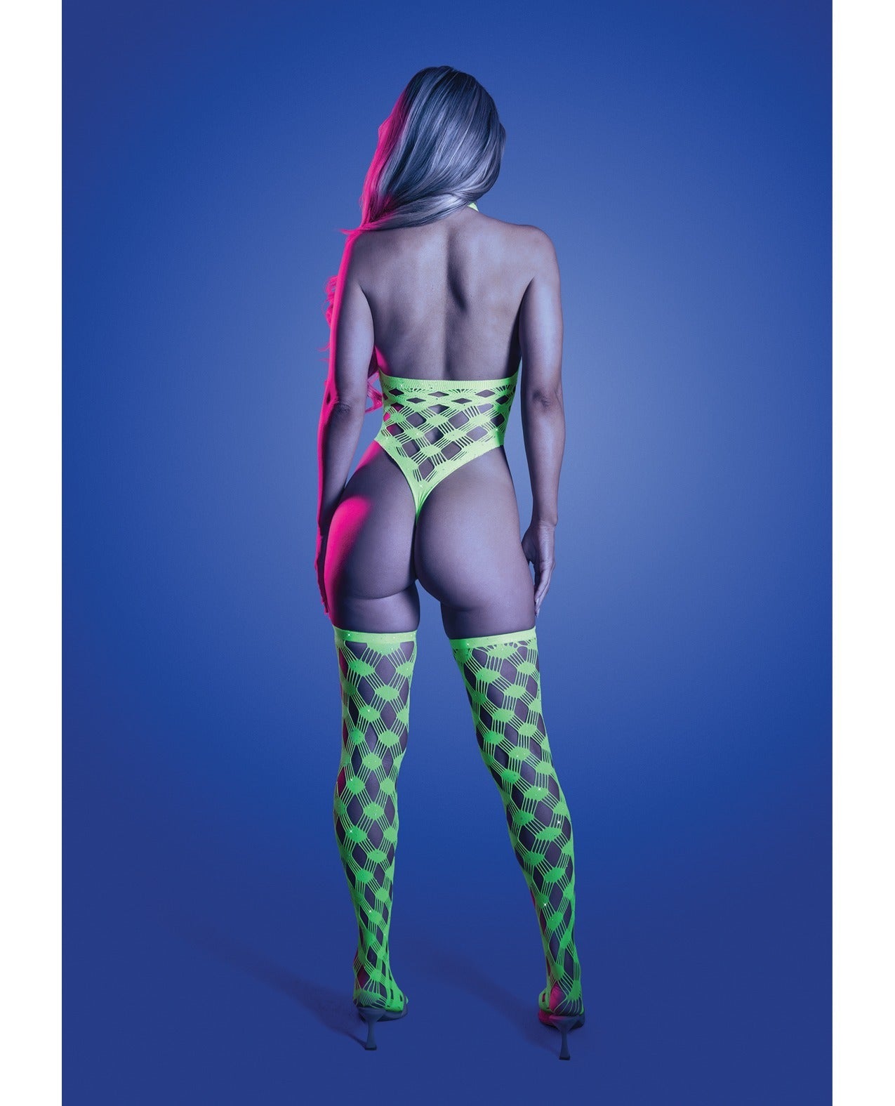 A model shown from the back wearing a neon green bodysuit and matching thigh-high stockings against a blue gradient background.