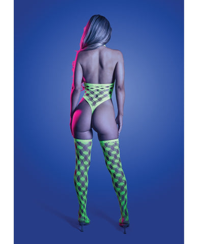 A model shown from the back wearing a neon green bodysuit and matching thigh-high stockings against a blue gradient background.